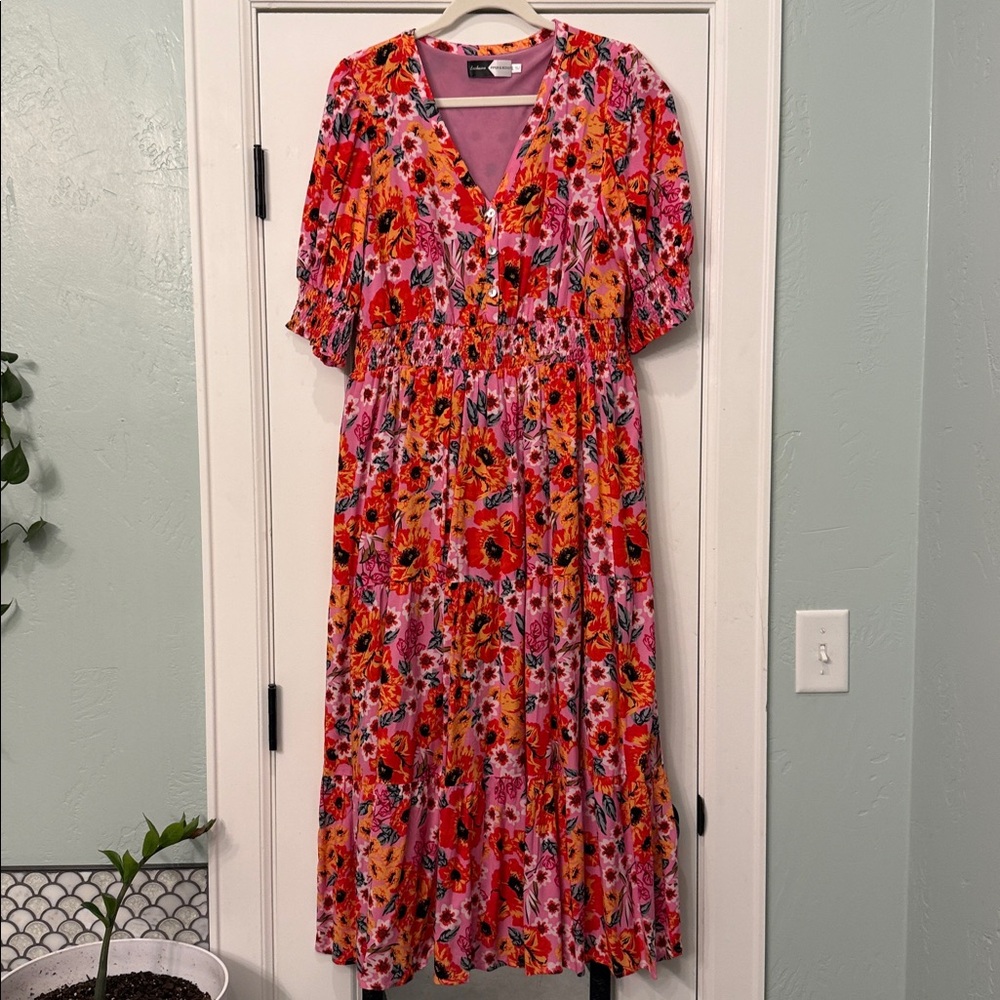 Piper & Scoot Floral Midi Dress With Puff Sleeves - image 1
